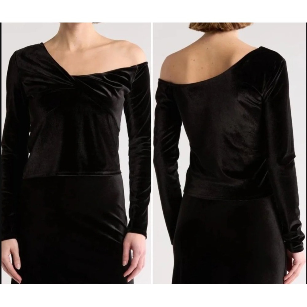 Elodie Black Velvet One Shoulder Twisted Front Long Sleeve Top Small NWT
